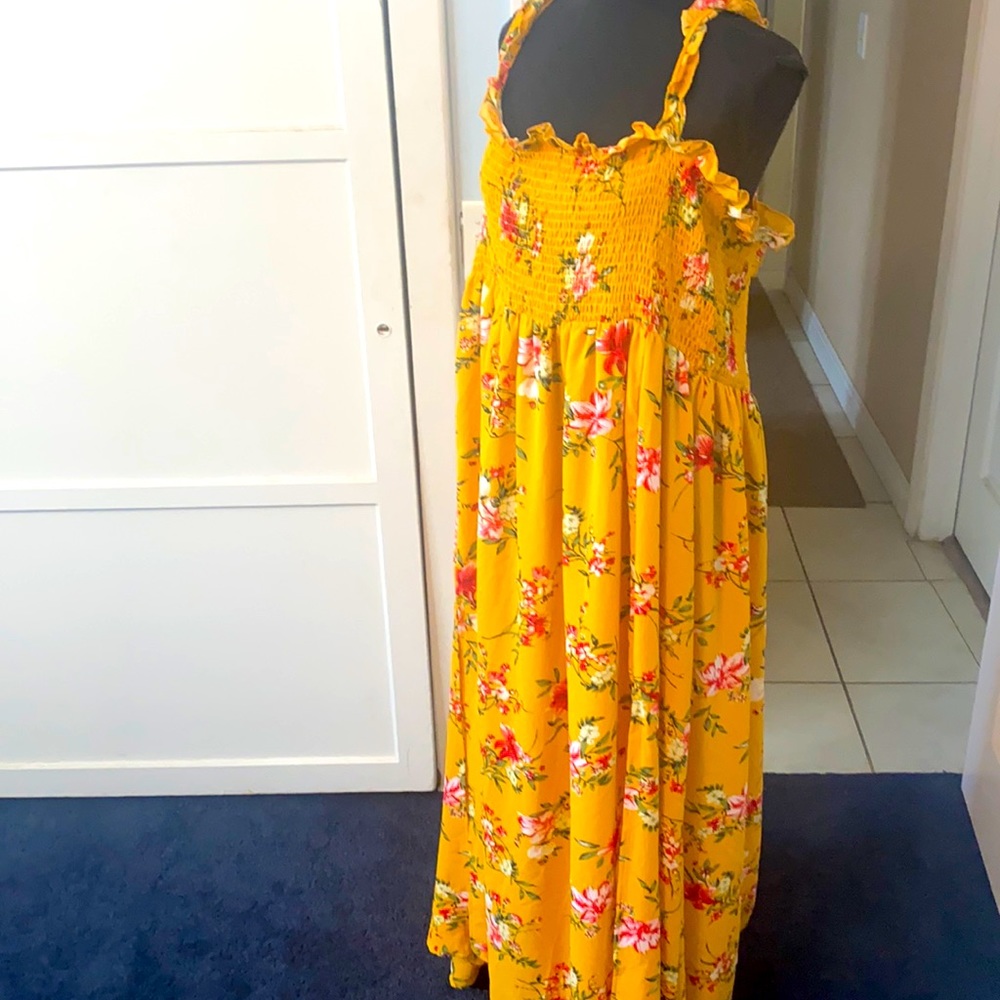 Long floral smocked, ruffled straps dress